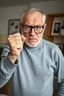 Placeholder: Portrait of angry caucasian senior man wearing eyeglasses and showing big fist standing at home indoor
