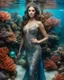 Placeholder: Full body long shot photography Realistic Beauty Queen photography art, cinematic colors, soft blur, natural beauty, young woman, smiling, beautiful, sparkling gray eyes, beauty makeup, Queen mermaid style, sparkling baubles, ornate luxury dress, large gemstones, shiny liquid metal, shiny wire filigree, brown hair, high definition, Walk in an underwater scene full of corals, full of colorful fish, many fish swimming in full, and gentle turtles