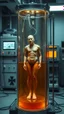 Placeholder: Sleeper in tube cabinet made of glass filled with honey coloured liquid , in a laboratory inside it a human body standing vertically , connected with wires and electrical wires , the human standing in side, a high tech equipment in the background ,4K, cinematic, high resolution