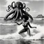 Placeholder: [art by Russ Meyer] In a vintage beach photo, a scared Afro-American lifeguard in a classic redcross swimsuit is grabbed by a terrifying octopus monster emerging from the waves. Her expression of shock and fear is frozen in time as the monstrous creature's tentacles wrap around her. The juxtaposition of the retro setting and surreal horror creates a spine-tingling scene of eerie nostalgia. Despite the absurdity, the lifeguard's bravery shines through as she faces off against the menacing octopus