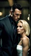 Placeholder: Jason david frank muscular male with short dark hair, wearing a designer suit, whispering in ear of young blonde woman, with short hair, wearing short white dress. hyper realistic