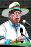 Placeholder: Ilustración vectorial de Gustavo Petro con gorra deportiva camisa, hablando tranquilamente con micrófono, colores negro, blanco y rojo, fondo negro