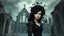 Placeholder: In a dramatic cinematic scene, a surreal goth young woman stands tall in the ruins of an ancient chapel, her hair a tumultuous array of black rose vines intertwined with realistic black velvet and lace rose petals. Her dark eyes pierce the gloom, capturing the essence of a storm brewing in the background. The scene is brought to life with a blend of black ink and weet ink, creating a cartoonish yet detailed and realistic portrait. The chapel is painted with a blurred paint effect, contributing t