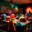 Placeholder: monsters in a classroom, made of felt, volumetric light, hypermaximalist, odd, paranoic light