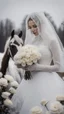 Placeholder: Snowman in a field of white roses and snow . wearing a bride lace veil.Horses in the background.blur background.cinematic photo.dark mood