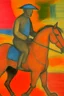 Placeholder: Man on horseback in the style of Paul Klee, Degas, pastel chalk with thin sketchy lines, vibrant colours, ink transfer