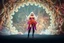 Placeholder: beautiful fuubody with long boots lady in sureal stage made of fractal random size sphers with helical strip colors in clothing similar to environment fullbody posing to camera