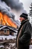 Placeholder: old man watching his house burn down on a snowing mountain