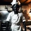 Placeholder: A visceral, wide-angle 35mm film still of "Kitchen's Hell." The scene depicts 'The Demon of Nazareth,' a menacing figure with cracked, charcoal-black skin, small curling horns, and eyes glowing like embers, wearing a filthy, tattered white chef's apron and a stained chef hat, towering centrally behind a massive, industrial stove spewing intense blue and orange flames and acrid black smoke. He holds a large, raised meat cleaver in one clawed hand and a ladle filled with bubbling, iridescent green