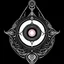 Placeholder: Make black and white cute drawing of a Mystic Amulet with black bold lines. Only outline, no grayscale. An elegant amulet with a glowing gem at its center, hanging on a chain. Surround it with magical light swirls.