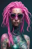 Placeholder: entire body mermaid cyberpunk, some fish scales on face, pink hair dreadlock sunglasses