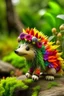 Placeholder: fabric hedgehog toy in Crocs, funny pants, mohawk, clearing, trees, flowers in the background