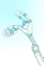 Placeholder: Draw mechanical arm with slender flexible structure and flexible joint drawing scientific papers. The three-dimensional structure in the figure needs to be filled with color, and the background uses the light blue sky composition.