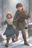 Placeholder: DnD style, two medieval peasant kids playing in the snow male and female, age 14 and 15, happy and playful, he has a short sword.