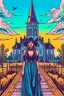 Placeholder: Woman looking like a modern day witch with flowing clothes with a city behind her