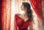 Placeholder: A beautiful brunette woman looks out from behind a red lace and silk curtain, holds the curtain with one hand and pulls it away in sunshine, watercolor and black ink outlines, sparkling golden glitter, ethereal, cinematic postprocessing, bokeh, dof