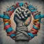 Placeholder: A knotted fist made with different designs from the revolution of different countries. Art - Tradition - Revolution - Dictator - Mural - Freedom - People 4k, full details, high resolution