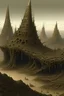 Placeholder: a landscape full of eerie biomechanoid trypophobic-mandelbulb-sierpinski-fractal-skyscrapers. lovecraftian concept art in the style of Alan lee beksinski giger