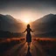 Placeholder: dark night, watching a woman from behind wearing a sleeveless dress, arms up in the air, who is walking towards a beautiful orange sunrise in the distance, mountains and forests around, photo quality