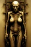 Placeholder: The full body of a fat old woman , use the face in the picture , hofront view camera, decayed and rotting with grotesque proportions and imagery. surreal horror, biomechanical design, by hr giger and beksinski , fine lines draw