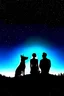 Placeholder: black background on a mountaintop and three silhouettes of a fit man, a silhouette of a fit woman, and silhouette of a Belgian malinois sitting next to the men and the woman looking at the stars