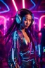 Placeholder: midle shot dancing in silent disco a young asian woman with long extrem hair, stunning futuristic dress and make up, wearing headphones and looking you attraktive, The atmosphere is enhanced in disco bar with neon lights, cyberpunk vibe, futuristic, light lines, photorealistic, in background blure light and blur dancing people