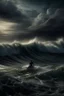 Placeholder: Hyperrealistic illustration a surfer man is sinking in a vast ocean, with waves gently lapping against it. The sky is dark and stormy, with heavy, ominous clouds swirling above. In the distance, surrounded , contrasting with the dramatic, turbulent atmosphere. The overall scene should be moody and surreal, with intricate textures on the statue is highlight its grandeur and mystery.