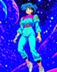 Placeholder: 90's vintage anime character in space floating, full body, grown up