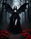 Placeholder: Facing front photography Gothic Art Style realistic Full body,creepy Vampire ghost woman long hair straddle wings bat she on walk on creepy,in dark night mystery forest,red roses flowers sorrounded background,dramatic angle, extreme angle shot, trypophobia, horror