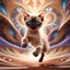 Placeholder: A high-speed action shot of a young Siamese kittenwith brown ears, captured in mid-leap or play. The image is detailed and intricate, featuring swirling fractal patterns surrounding the kitten, enhancing the sense of motion and energy. In the background, there's a mesmerizing fractal landscape, with complex geometric shapes and vibrant colors. The landscape and the fractal patterns around the puppy blend seamlessly, creating a dynamic and visually captivating scene in space with chrome silver pl