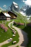 Placeholder: Brown and white cows walking on a path in the alps, Austria, green grass, hyper realistic, detailed, accurate, beautifully ornamented houses, open aperture, style Isabel Kreitz