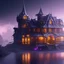 Placeholder:  house on fire,volcan, Epic scale, A perfectly cute shaped crystal, cyberpunk, highly detailed, black mecanic castle, cristal, realistic,