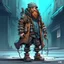 Placeholder: street cyperpunk dwarf with cybernetic legs, dressed with a coat and beanie