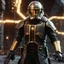 Placeholder: star wars bald male corellian pilot wearing pearlescent black and gunmetal grey First Order special forces heavy assault stealth commando armor and helmet with gold trim inside the jedi temple, hyperdetailed, dynamic lighting, hyperdetailed background, 8k resolution, volumetric lighting, light skin, fully symmetric details