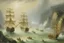 Placeholder: A yellowish white bay with pirate ships in a rainstorm painted by Zhang Lu