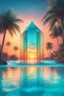 Placeholder: A professional music cover art for a Luxury Tropical House album cover, award-winning music artwork, crystal-clear turquoise ocean merging into an endless horizon beneath a radiant golden sunset. Massive floating glass structures shaped like musical frequencies rise above the water, reflecting vibrant tropical colors. Exotic palm trees illuminated by soft neon cyan and coral lights sway in the warm breeze. Glowing particles drift through the air like fragments of melody, creating a magical atmos