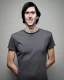 Placeholder: a tall rattled guy with short dark hair tousled on top, a long neck and long limbs and is wearing a t-shirt with a shirt over and skinny jeans