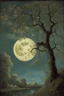 Placeholder: Night, tree leaves, moon, rocks, clouds, creepy gothic movies influence, ernest welvaert and hans am ende impressionism paintings