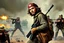 Placeholder: color image of Che Guevara with his real face and hat with star standing with heavy gun in hand boots in a fighting area, other soldiers are fighting