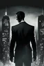 Placeholder: Generate an image where the man in the black suit and tie is standing in a modern cityscape. The background should consist of tall, glass skyscrapers, with lights illuminating the city at night. The man should be positioned in the foreground, with his back slightly turned towards the viewer, as if he is observing the city below. His confident stance and the sleekness of his suit should convey a sense of power and sophistication.