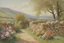 Placeholder: sunny day, stone wall, flowers, spring, normal mountains, river, rocks, distant house, epic, alfred munnings, and ernest welvaert paintings