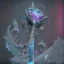 Placeholder: A fantasy zweihander, the blade is made up of glimmering ice, it's hilt is crafted from swirling vines, leading to a vibrant rose crystal at the pommel, with a black background behind it.