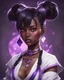 Placeholder: arcane tv show style, league of legends, solo, 1girl, attractive teenager, african, dark skin, dark-brown eyes, black hair, pair buns, violet strands of forehead bangs, necklace, earrings, modern makeup, (detailed skin texture), white oversize shirt