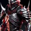 Placeholder: silver and crimson knight armor with glowing red eyes, and a ghostly red flowing cape, crimson trim flows throughout the armor, the helmet is fully covering the face, black and red spikes erupt from the shoulder pads, crimson hair, spikes erupting from the shoulder pads and gauntlets