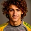 Placeholder: 85mm DSLR color photography of a very detailed headshot fitting all of head and hair in frame. 18-year-old italian soccer player, with brown hair color and no facial hair and has very short hair and with a small smile, grey background make him look more rough