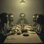 Placeholder: Photo of a family sitting at the dinner table. Hypermaximalist, grime, shadow, fog, unsettling, antique, old, liminal, odd, uncanny, transformational, interesting, rift, cryptic, low-fidelity, unreal, deserted, abstracted, twins, ambiguous, surreal, jaws, elongated, oblong, undulating, mouths, eyes, eerie, Max Ernst