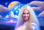 Placeholder: very beautiful cosmic women with white long hair, smiling, with cosmic dress and in the background there is a spaceship with light below and a bautiful sky with stars and light beam