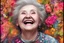 Placeholder: portrait of a laughing old woman, rain, flowers