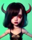 Placeholder: art of a short devil girl with black horns and deep red hair with green eyes, soft lighting, complimentary pastel gradients, high definition, 3d icon clay render, blender 3d