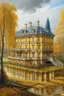 Placeholder: 19th century. Mesmerizing, ultra-realistic nature - golden autumn, THERE IS A HEAVY downpour. In the background is a Russian manor of a landowner on one floor. The building is wooden on the 1st floor.